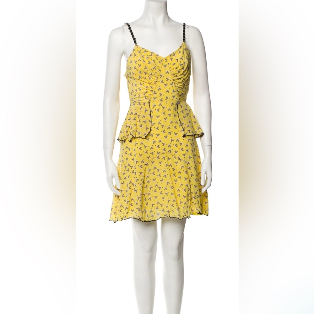 Anna Sui silk dress beaded straps, vintage pattern,yellow w/black stitching 6